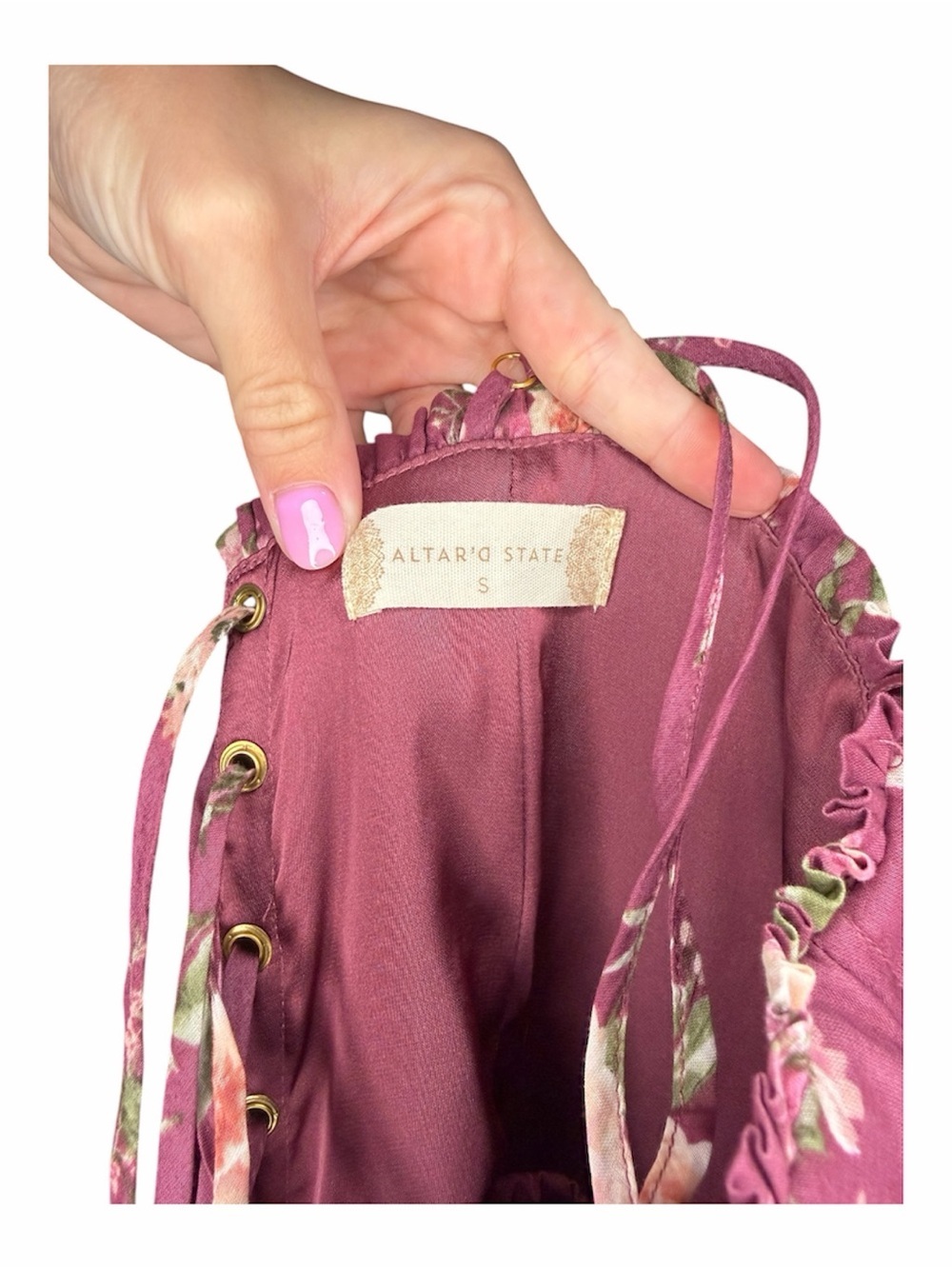 Altar'd State Floral Corset Back Busier Tiered Ruffle Maxi Dress Plum Size S - Picture 6 of 6